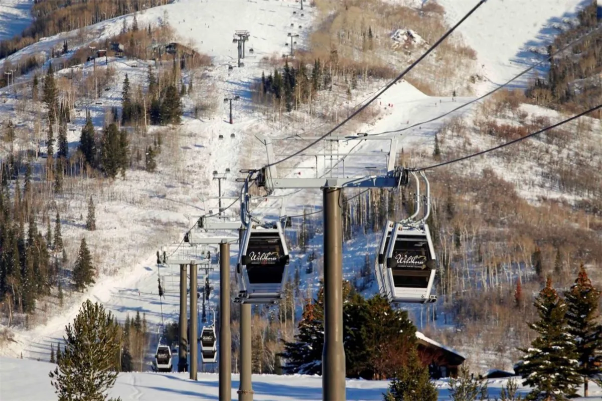 This image showcases gondola lifts gliding over snow-covered slopes and pine trees, providing a clear view of the lift infrastructure that offers immediate access to the mountain for skiing, snowboarding, and winter hiking. The snow-laden landscape evokes the excitement and accessibility of a premier ski destination.